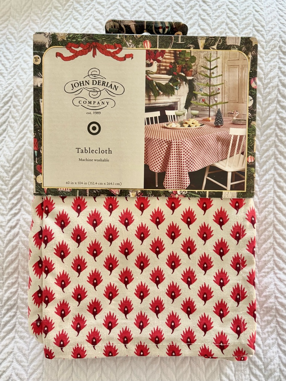 John Derian Red Patterned Tablecloth Brand NEW 60” by 104”